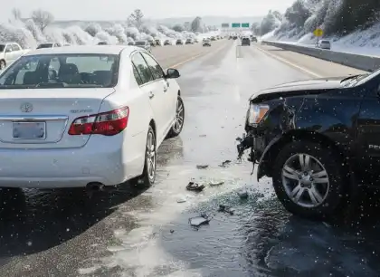 Accidente de tráfico en una autopista helada en el que se vieron implicados varios vehículos y que ilustra la responsabilidad compartida según la ley de negligencia comparativa de California