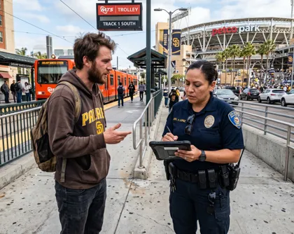Agente de policía que utiliza una tableta para redactar un informe mientras entrevista a un peatón en una parada de tranvía