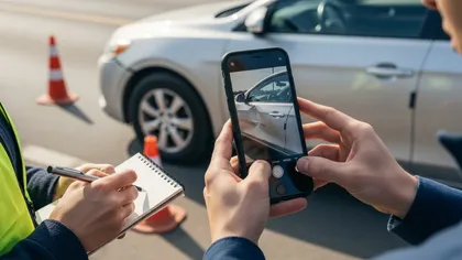 Agente tomando notas mientras registra los daños del coche en el lugar del accidente