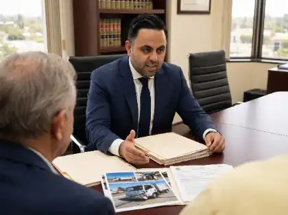 Attorney reviewing case files with clients at a table