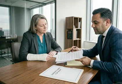 Attorney reviewing settlement timeline with injured Palmdale personal injury client