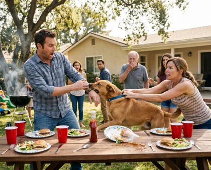 Backyard dog bite incident during family gathering with guests reacting in shock and fear