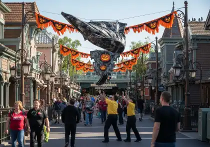 Calle de un parque temático decorada para Halloween, con gente paseando y personal ajustando los adornos colgantes