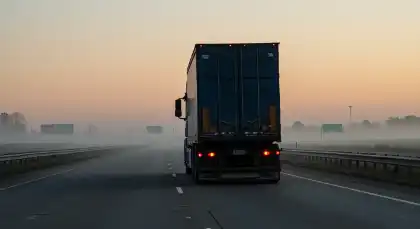 Camión de gran tonelaje en una carretera mal iluminada durante las primeras horas de la mañana, lo que puede provocar colisiones entre camiones de gran tonelaje