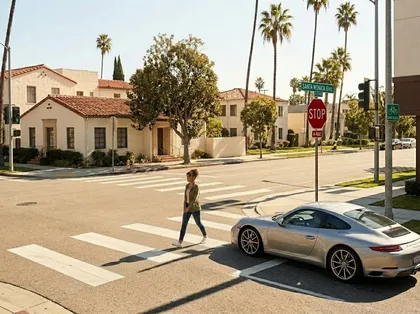 Car approaching a pedestrian crossing after failing to stop at a stop sign