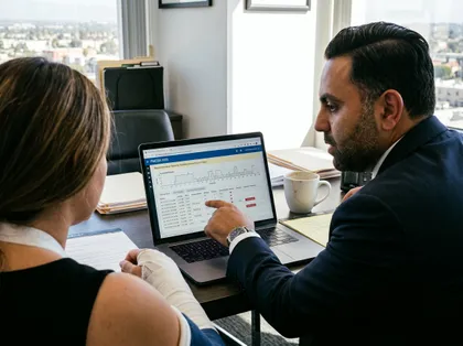 Client with arm injury discussing truck driving compliance data with attorney