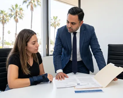 Cliente con lesión en el brazo que se reúne con un abogado para revisar los expedientes legales y los formularios de acuerdo