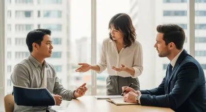 Cliente lesionado que recibe asistencia de profesionales jurídicos y de un intérprete durante una consulta