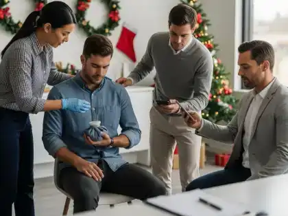 Compañeros auxiliando a un empleado lesionado durante una fiesta laboral navideña