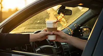 Conductor derramando bebida caliente en un autoservicio
