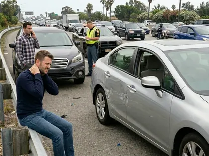Conductor que se sujeta el cuello tras un leve choque lateral al incorporarse a la carretera, junto a la calzada