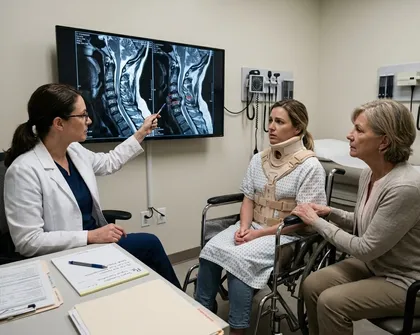 Consulta médica por una lesión medular tras un accidente, en la que se ve al médico explicando las imágenes de resonancia magnética al paciente y a su familia en una consulta