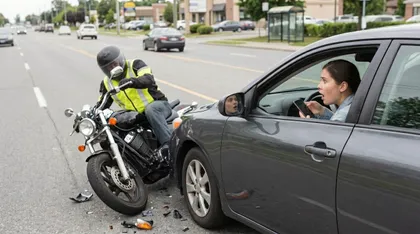 Distracted driver texting before colliding with a motorcycle