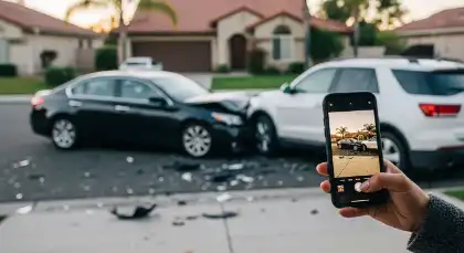 Documentar la escena del accidente de tráfico en la calzada para una reclamación por daños personales
