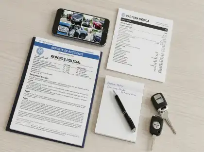 Documentos de accidente de tráfico junto a llaves, teléfono y bolígrafo sobre una mesa