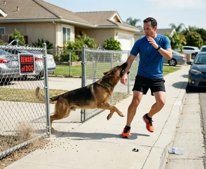 Dog bite incident on suburban sidewalk showing man reacting in pain as a German Shepherd lunges from fenced yard