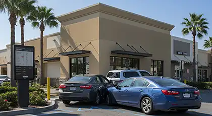 Dos turismos implicados en una colisión menor en un carril de autoservicio de comida rápida; el coche azul había embestido por detrás a un coche plateado cerca de un edificio de un restaurante.