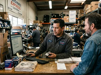 El propietario de un vehículo hablando con un empleado de una tienda de recambios para automóviles