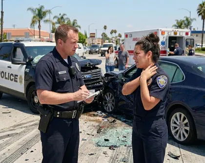 Escena de la investigación de un accidente de tráfico en la que se ve a unos agentes de policía hablando cerca de los vehículos siniestrados y los restos esparcidos por la carretera