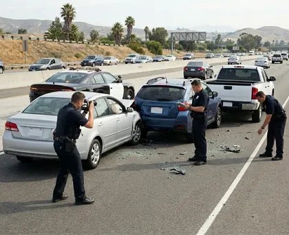 Escena de una colisión de tráfico en una autopista muy transitada en la que se ven varios vehículos, escombros y agentes tomando fotos de las pruebas