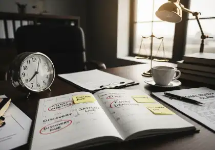 Escritorio jurídico con documentos y calendario de plazos para presentar una reclamación por daños personales