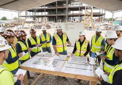 General contractor leading safety meeting at unsafe construction site