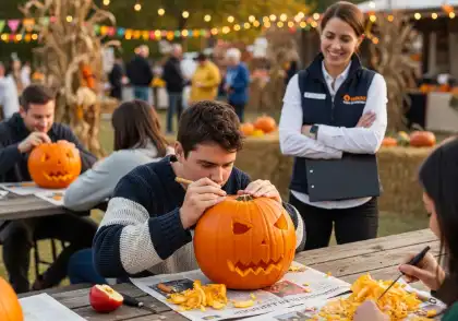 Gente tallando calabazas en un evento al aire libre organizado, mientras un supervisor observa