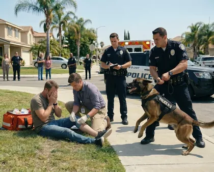 Hombre herido que recibe asistencia médica tras el ataque de un perro en un barrio de California, con agentes y un perro policía cerca