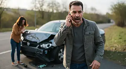 Hombre llamando a su compañía de seguros para informar de un accidente de coche