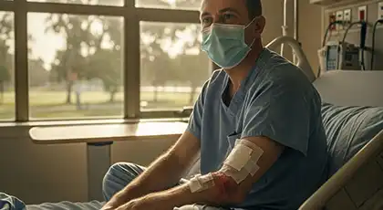 Hombre sentado en una cama de hospital con un brazo muy vendado en el que se aprecia una herida visible causada por la mordedura de un perro