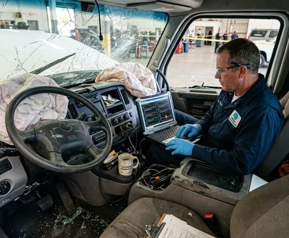 Hombre utilizando un ordenador portátil para revisar el diagnóstico de un camión dañado en un accidente