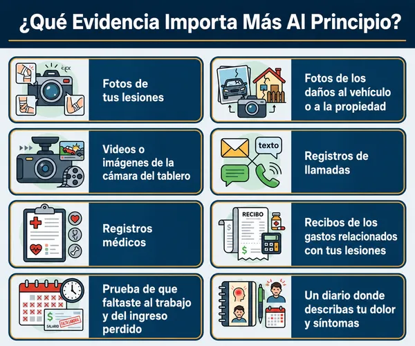 Infografía con una lista de comprobación de pruebas en casos de lesiones personales para tramitar una reclamación por lesiones en una fase temprana