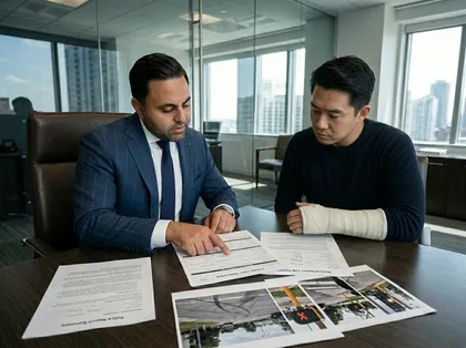 Injured man consulting lawyer after pedestrian accident