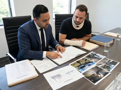 Injured man with arm cast reviewing cargo and shipment documents with lawyer in office