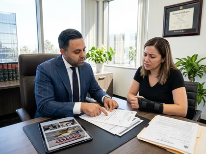 Injured woman consulting lawyer after Costco food court slip and fall accident
