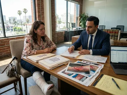 Injured woman consulting personal injury lawyer in modern office with medical photos and legal documents on table