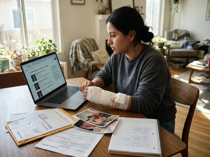 Injured woman focused on finding top-rated personal injury attorney on laptop, with evidence photos, medical bills, and notes visible