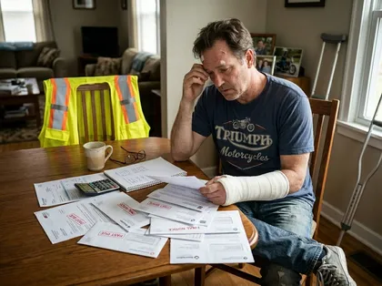 Injured worker reviewing overdue medical bills after a workplace accident