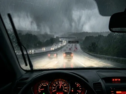 Inside-car view of severe weather while traveling on a freeway, with rain pouring, wipers running, and brake lights visible ahead