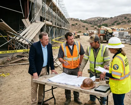 Inspección de seguridad en una obra, con trabajadores y un supervisor revisando planos al aire libre, cerca de una estructura a medio construir