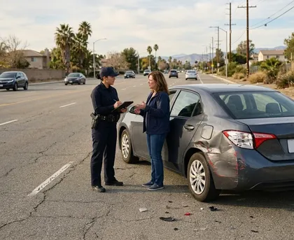 Investigación de un accidente de tráfico un agente de policía entrevista a una mujer junto a un vehículo accidentado en Buena Park