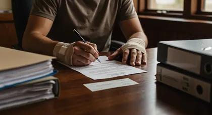 La persona lesionada firma documentos legales relacionados con los plazos de reclamación por lesiones personales