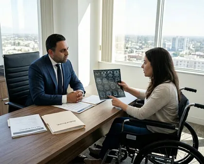 Lawyer discussing medical imaging evidence with injured client seated in wheelchair during personal injury case review