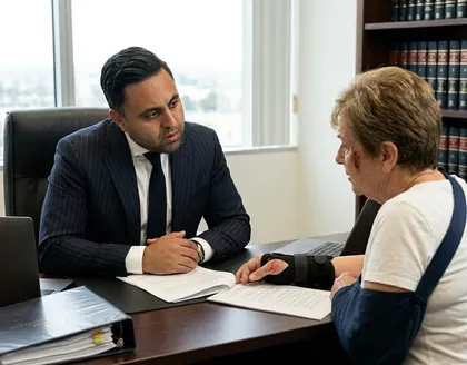Lawyer meeting with injured client reviewing accident paperwork and medical injury claim documents in law office