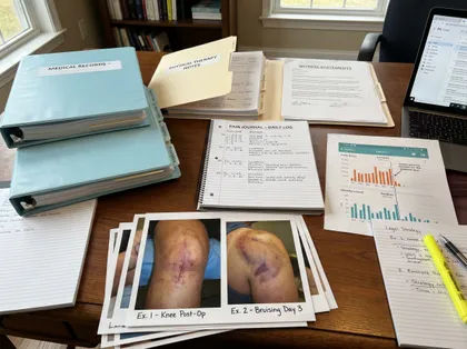 Legal and medical documents spread on desk showing knee injury recovery and bruising photos