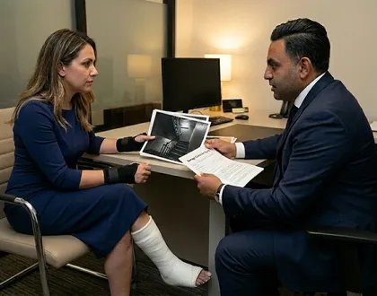 Legal consultation between attorney and injured client reviewing stairwell accident photos and claim documents