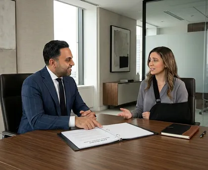 Legal consultation meeting between lawyer and injured client reviewing compensation claim documents at desk
