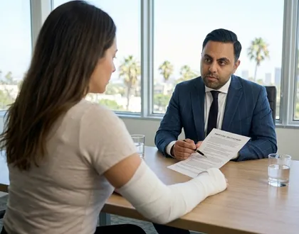 Legal consultation showing lawyer explaining document details to client with arm injury during settlement discussion