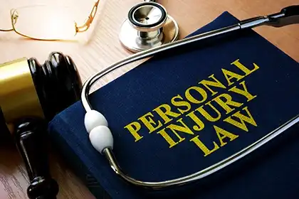 Libro sobre lesiones personales con un mazo judicial colocado sobre una mesa
