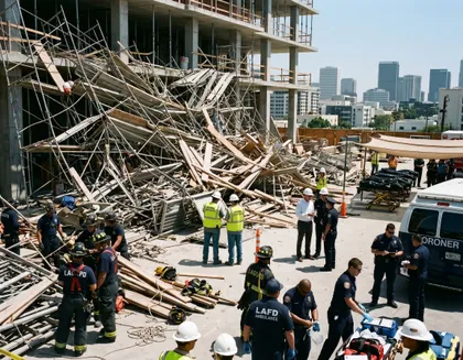 Lugar de trabajo, obra de construcción, lugar del siniestro, en el que se ve un andamio derrumbado, equipos médicos de emergencia e investigadores